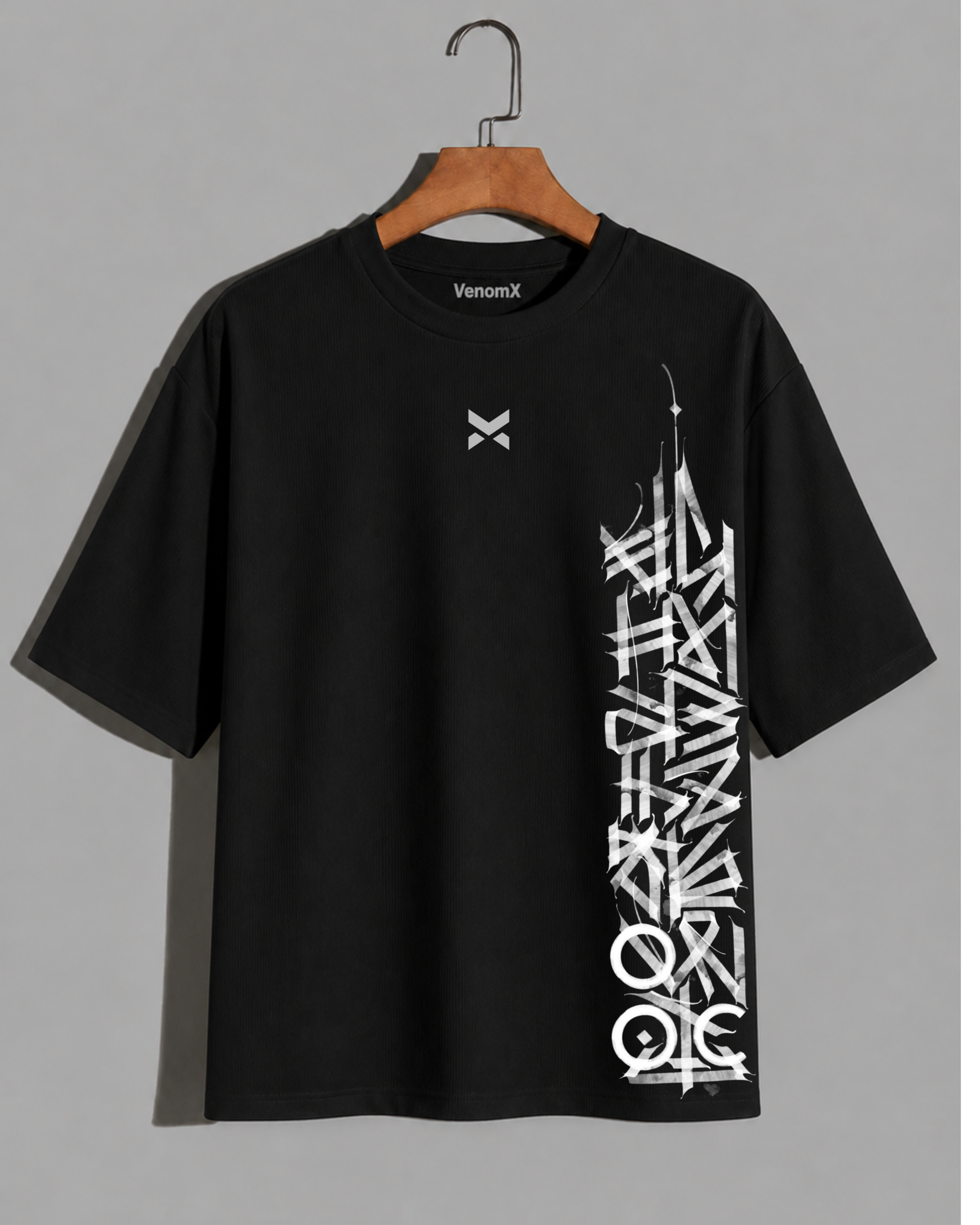venomx black vertical abstract typography oversized tee front